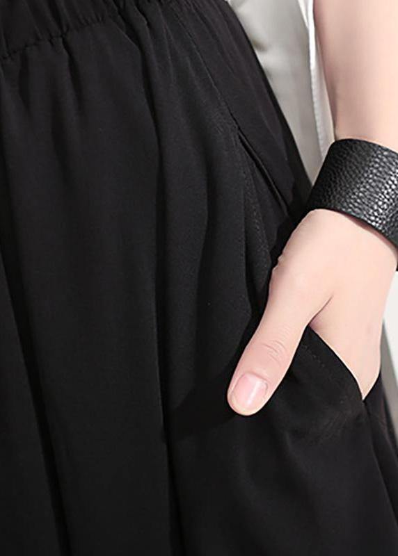 Women clothes Vintage Summer Draped Black Fashion Wide Leg Pants - SooLinen