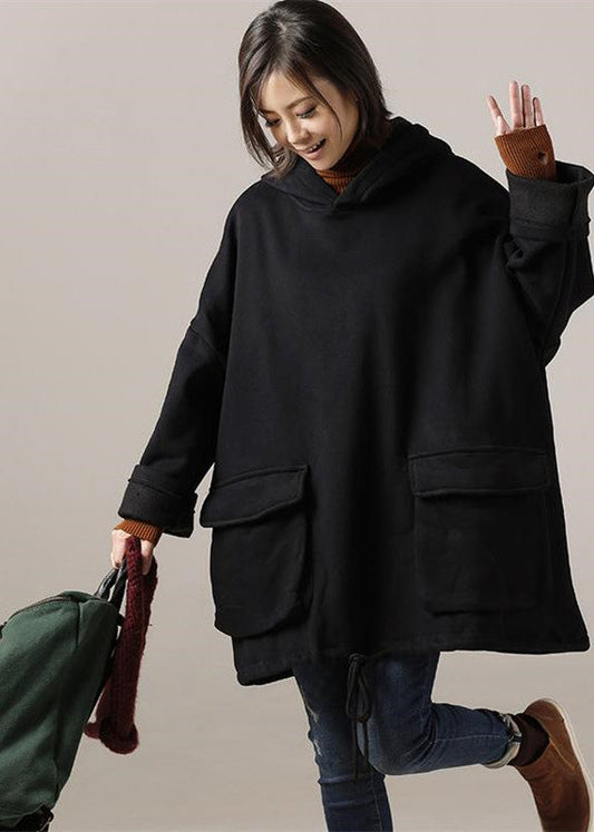 Damen Baumwollblusen zum Hochhals Nähen schwarz Knielange Blusen mit Kapuze