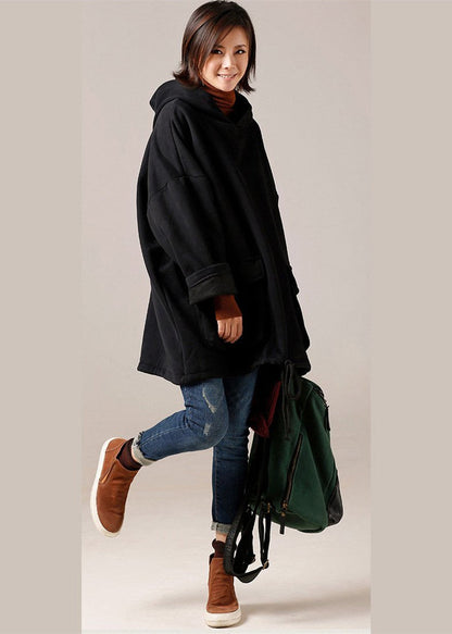 Damen Baumwollblusen zum Hochhals Nähen schwarz Knielange Blusen mit Kapuze