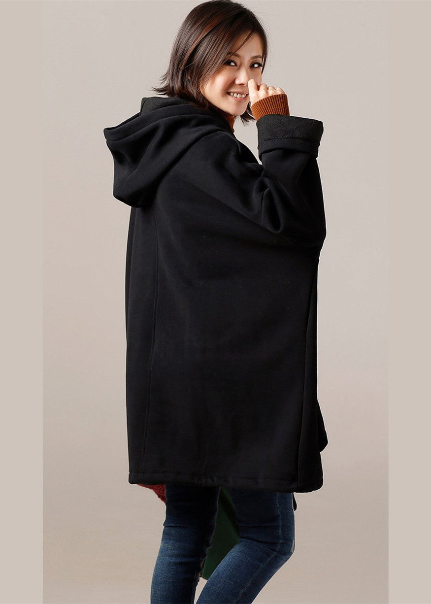 Damen Baumwollblusen zum Hochhals Nähen schwarz Knielange Blusen mit Kapuze