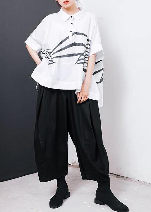 Women cotton box top Plus Size Irregular Stripes High Low Hem Casual T-Shirt - SooLinen