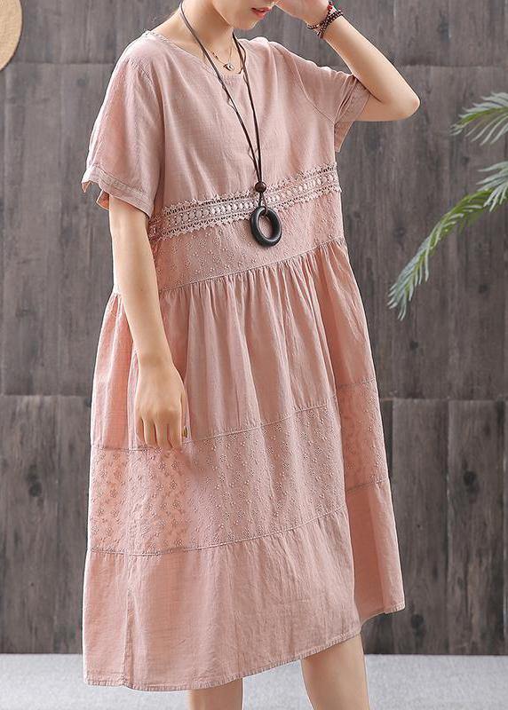 Women cotton clothes For Women Plus Size Cotton Solid Short Sleeve A-Line Dress - SooLinen