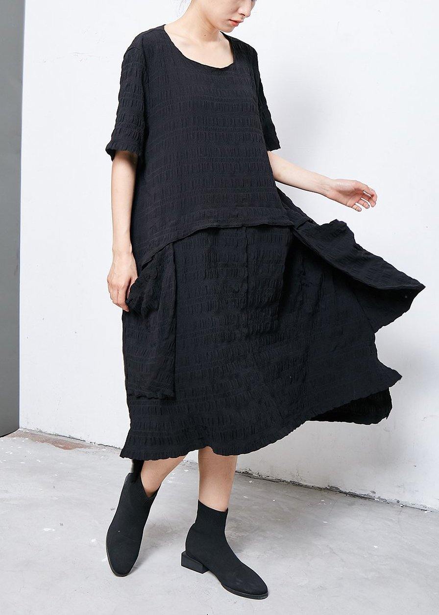 Women cotton clothes Organic Irregular Casual Round Neck Cotton Solid Dress - SooLinen