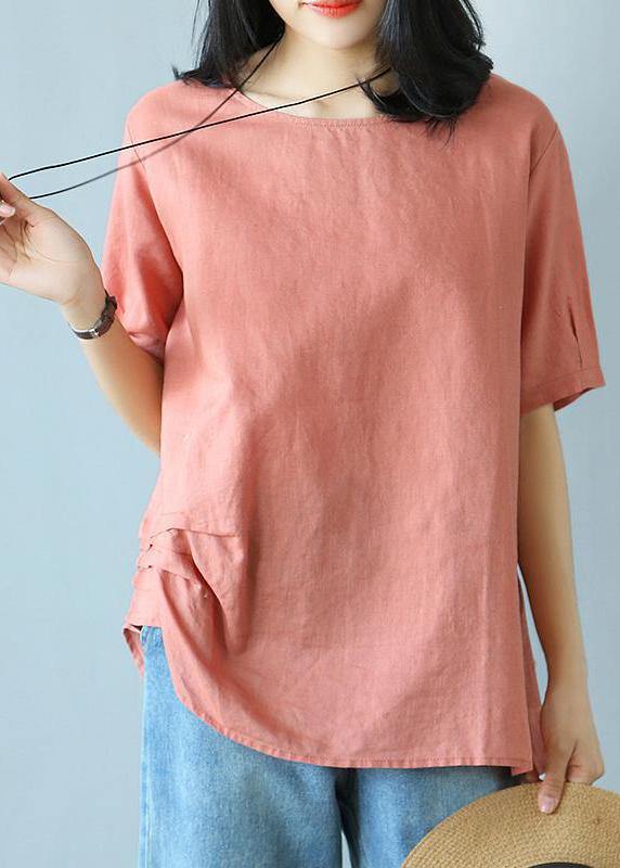 Women cotton shirts women Vintage Summer Cotton red Solid Literary Half Sleeve T-shirt - SooLinen