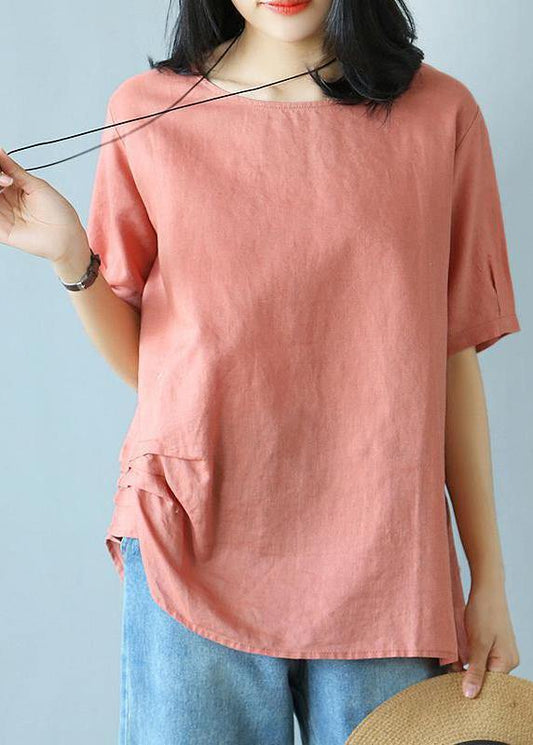Women cotton shirts women Vintage Summer Cotton red Solid Literary Half Sleeve T-shirt - SooLinen