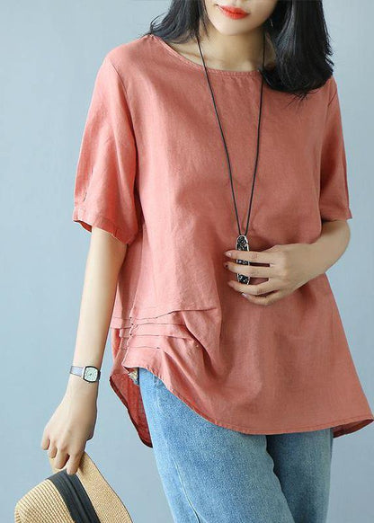 Women cotton shirts women Vintage Summer Cotton red Solid Literary Half Sleeve T-shirt - SooLinen