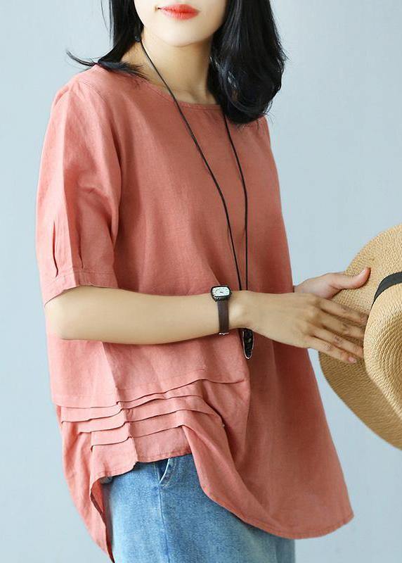 Women cotton shirts women Vintage Summer Cotton red Solid Literary Half Sleeve T-shirt - SooLinen