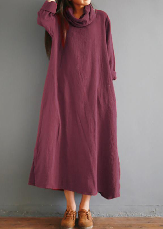 Damen Baumwolltuniken für Damen Tailliertes Rollkragenkleid mit geteiltem Schnitt, lockere Baumwolle, Vintage-Winterkleid