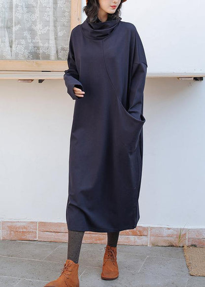 Women dark blue cotton Tunics high neck patchwork Plus Size fall Dress - SooLinen