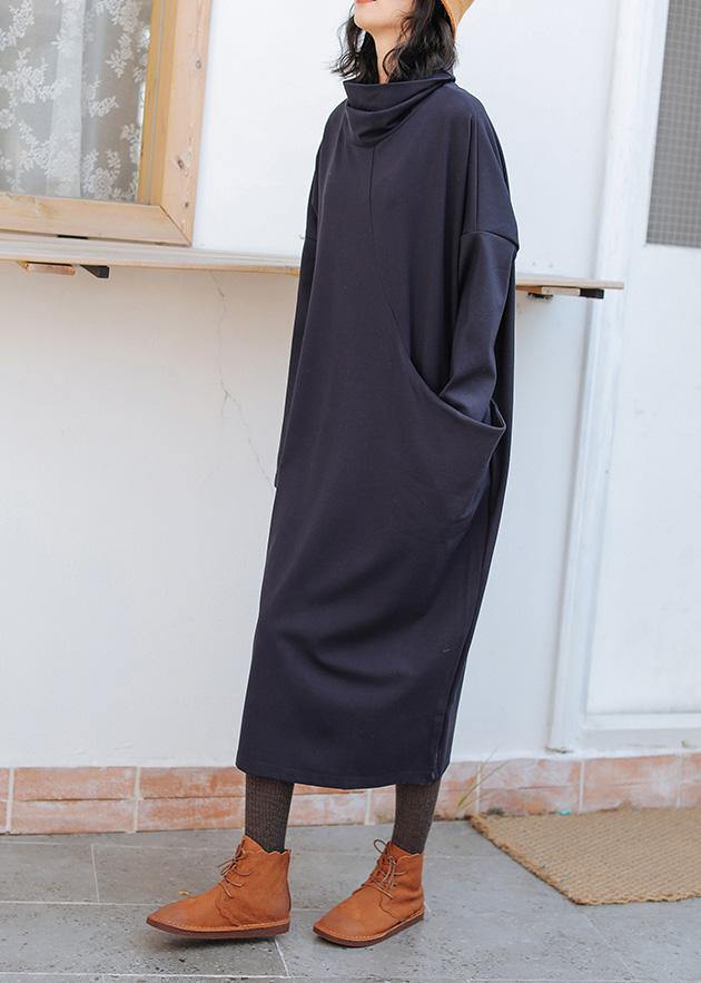 Women dark blue cotton Tunics high neck patchwork Plus Size fall Dress - SooLinen