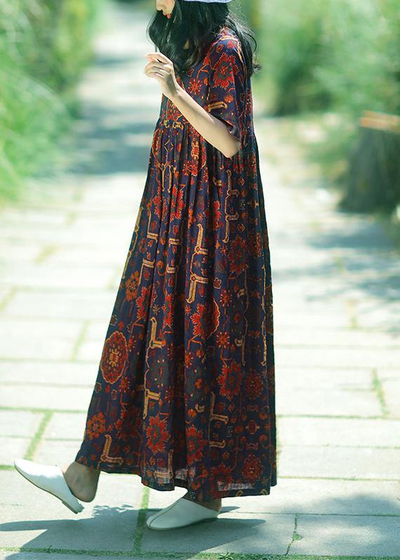 Women dark blue print linen Soft Surroundings o neck Cinched summer Dress - SooLinen