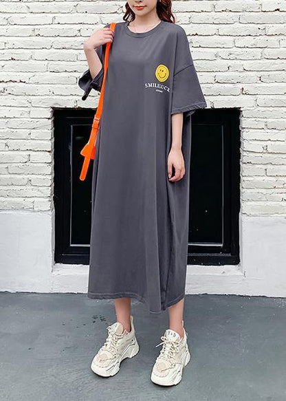 Women dark gray Cartoon print clothes o neck Plus Size summer Dress - SooLinen