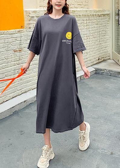 Women dark gray Cartoon print clothes o neck Plus Size summer Dress - SooLinen
