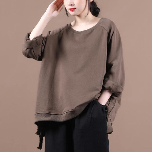 Women dark gray clothes For Women o neck Art fall tops - SooLinen