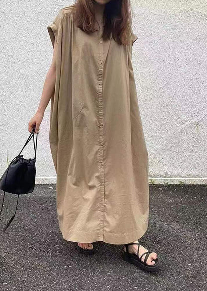 Damen einfaches Khaki Button Baumwolle langes Kleid Kurzarm
