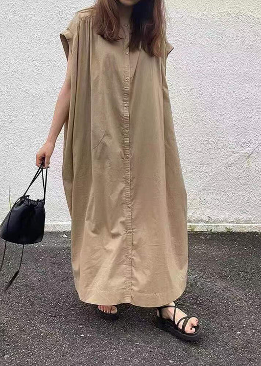 Damen einfaches Khaki Button Baumwolle langes Kleid Kurzarm