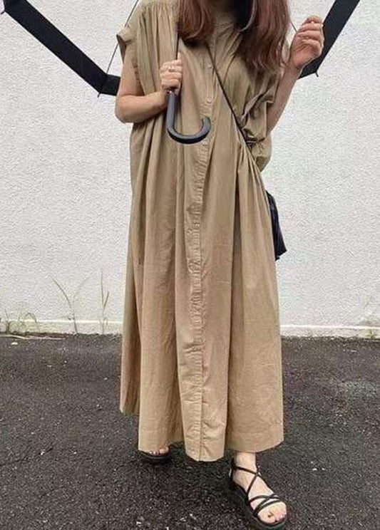 Damen einfaches Khaki Button Baumwolle langes Kleid Kurzarm