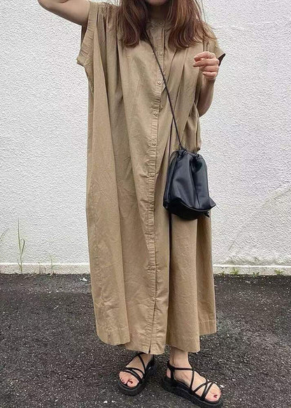 Damen einfaches Khaki Button Baumwolle langes Kleid Kurzarm