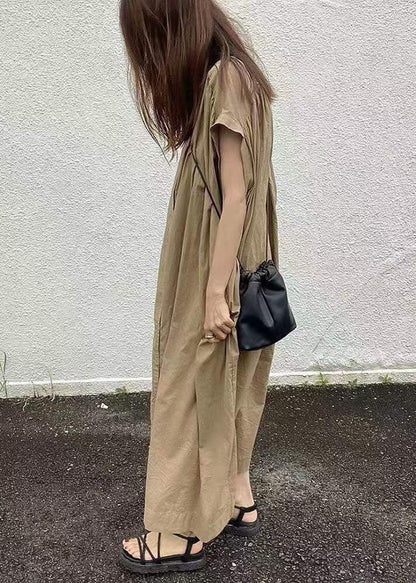 Damen einfaches Khaki Button Baumwolle langes Kleid Kurzarm