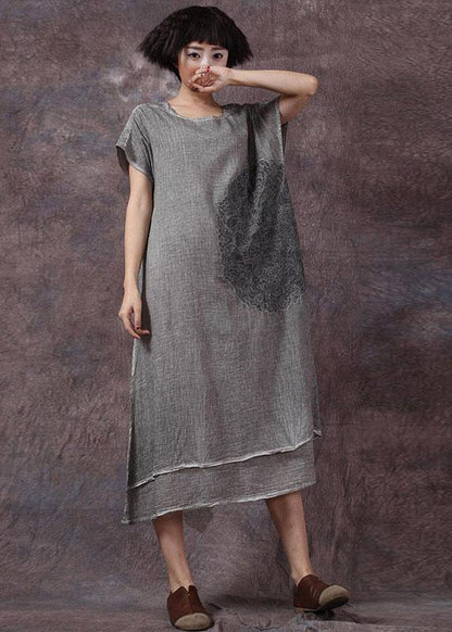 Women embroidery linen cotton clothes For Women Outfits gray side open Dresses summer - SooLinen