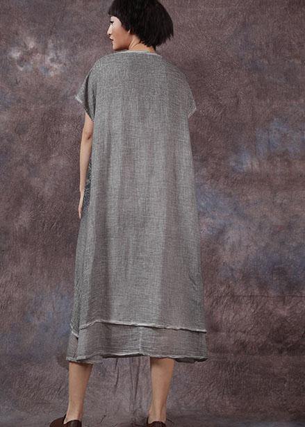 Women embroidery linen cotton clothes For Women Outfits gray side open Dresses summer - SooLinen