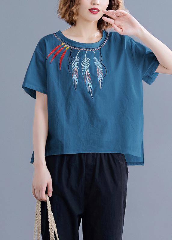 Women embroidery linen crane tops Neckline white shirts summer - SooLinen