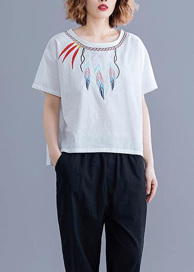 Women embroidery linen crane tops Neckline white shirts summer - SooLinen