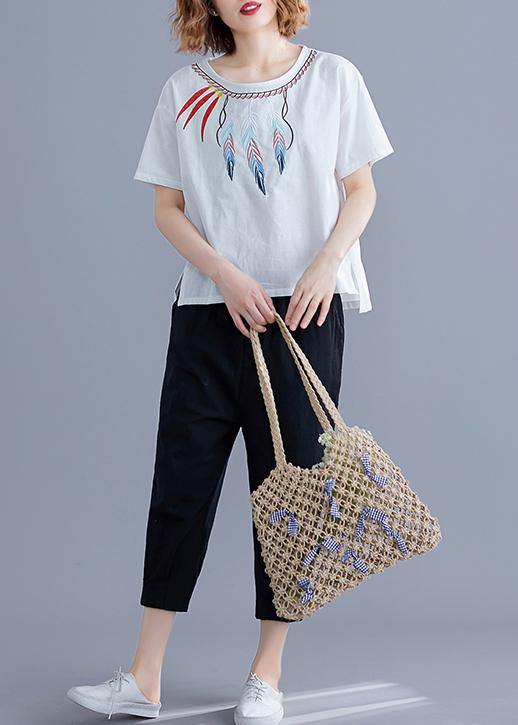 Women embroidery linen crane tops Neckline white shirts summer - SooLinen