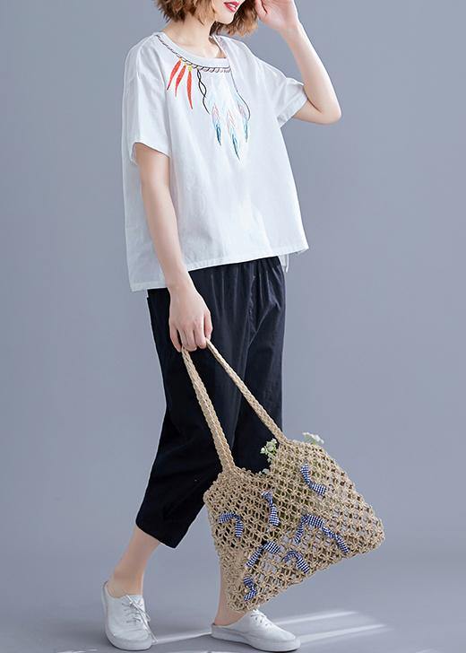 Women embroidery linen crane tops Neckline white shirts summer - SooLinen