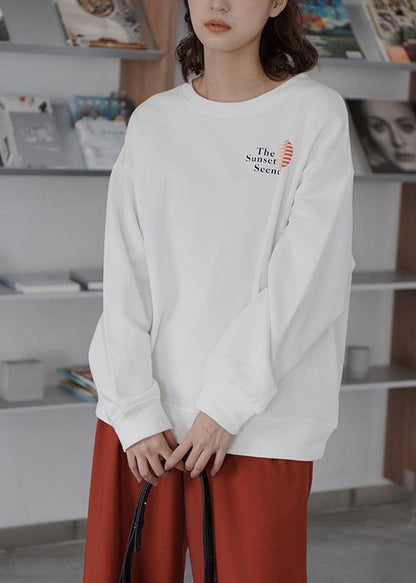 Women fall cotton o neck Long Shirts Fabrics white top - SooLinen