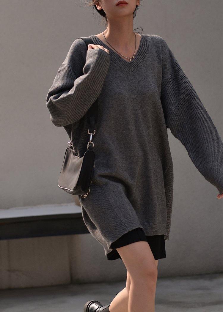 Women fall dark gray sweaters oversized v neck Blouse - SooLinen