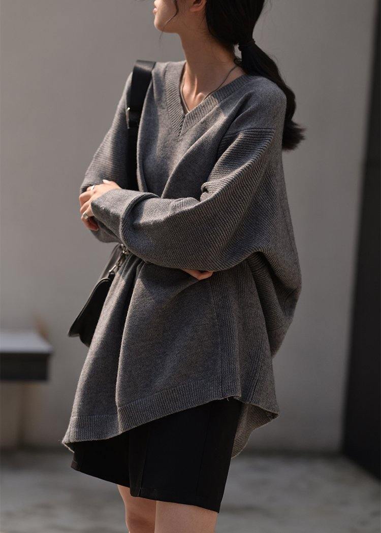 Women fall dark gray sweaters oversized v neck Blouse - SooLinen