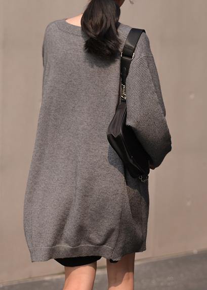 Women fall dark gray sweaters oversized v neck Blouse - SooLinen