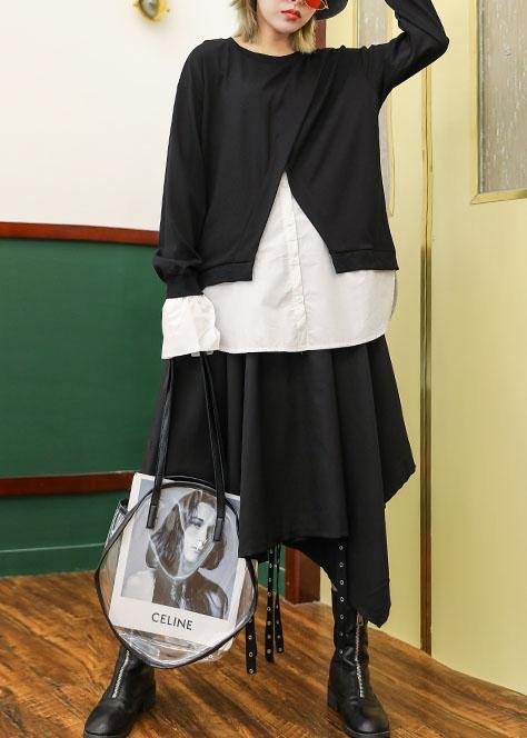 Women false two pieces cotton top silhouette Work Outfits black blouses fall - SooLinen