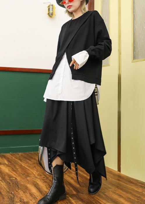 Women false two pieces cotton top silhouette Work Outfits black blouses fall - SooLinen