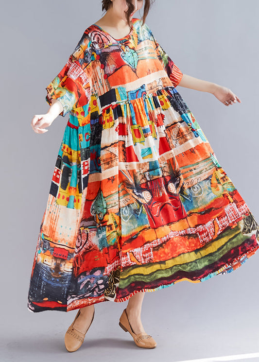 Damen Blumenkleider aus Baumwolle, weiche Umgebung, Outfits, O-Ausschnitt, halbe Ärmel, Sommerkleid