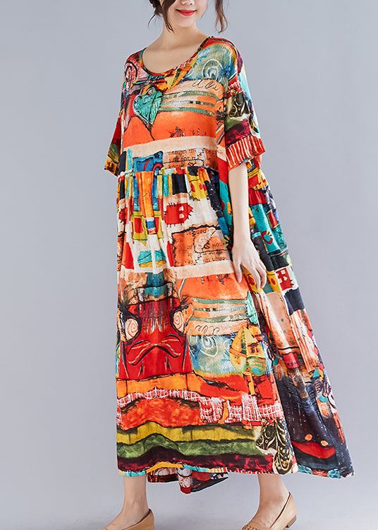 Damen Blumenkleider aus Baumwolle, weiche Umgebung, Outfits, O-Ausschnitt, halbe Ärmel, Sommerkleid