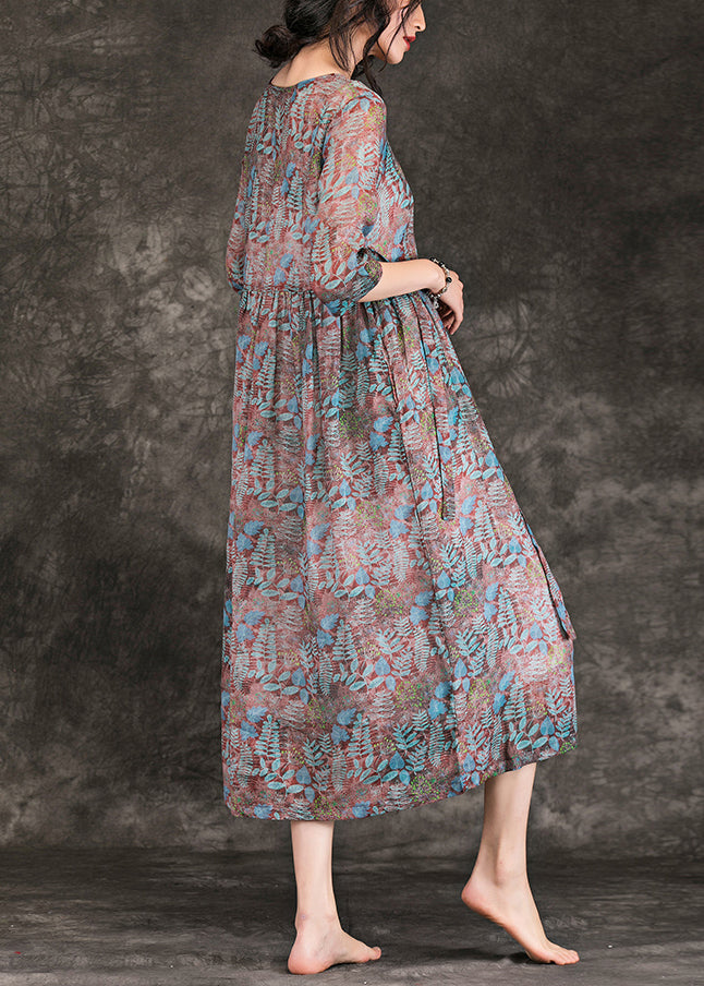 Damen Leinenkleider mit Blumenmuster, Übergröße, V-Ausschnitt, Dreiviertelärmel, Maxi-Sommerkleid