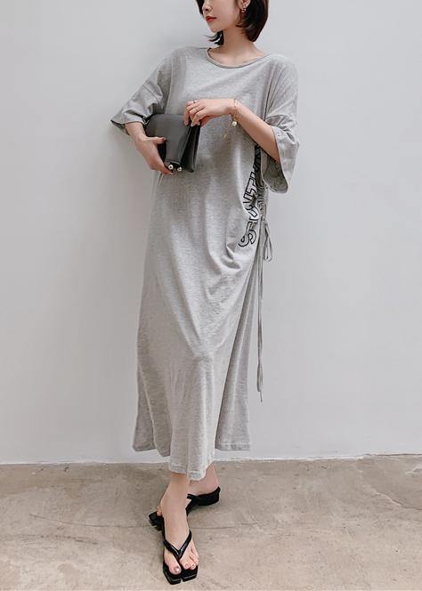 Women gray Letter outfit o neck drawstring Robe Dress - SooLinen