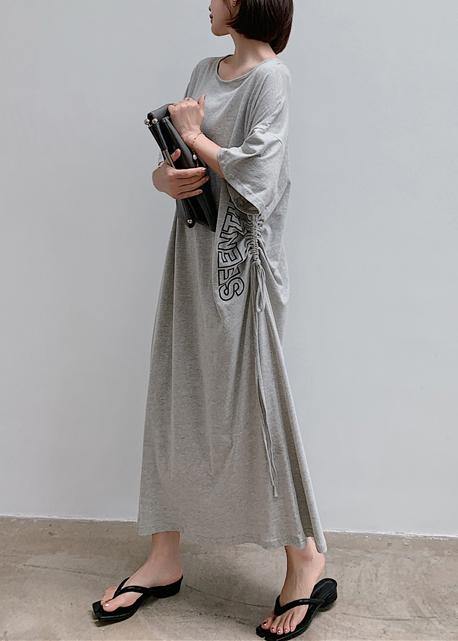 Women gray Letter outfit o neck drawstring Robe Dress - SooLinen