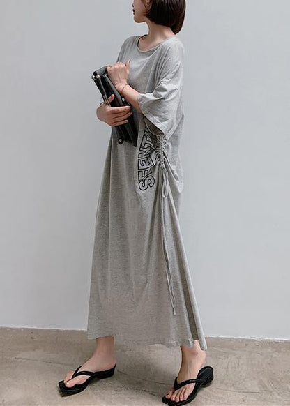 Women gray Letter outfit o neck drawstring Robe Dress - SooLinen