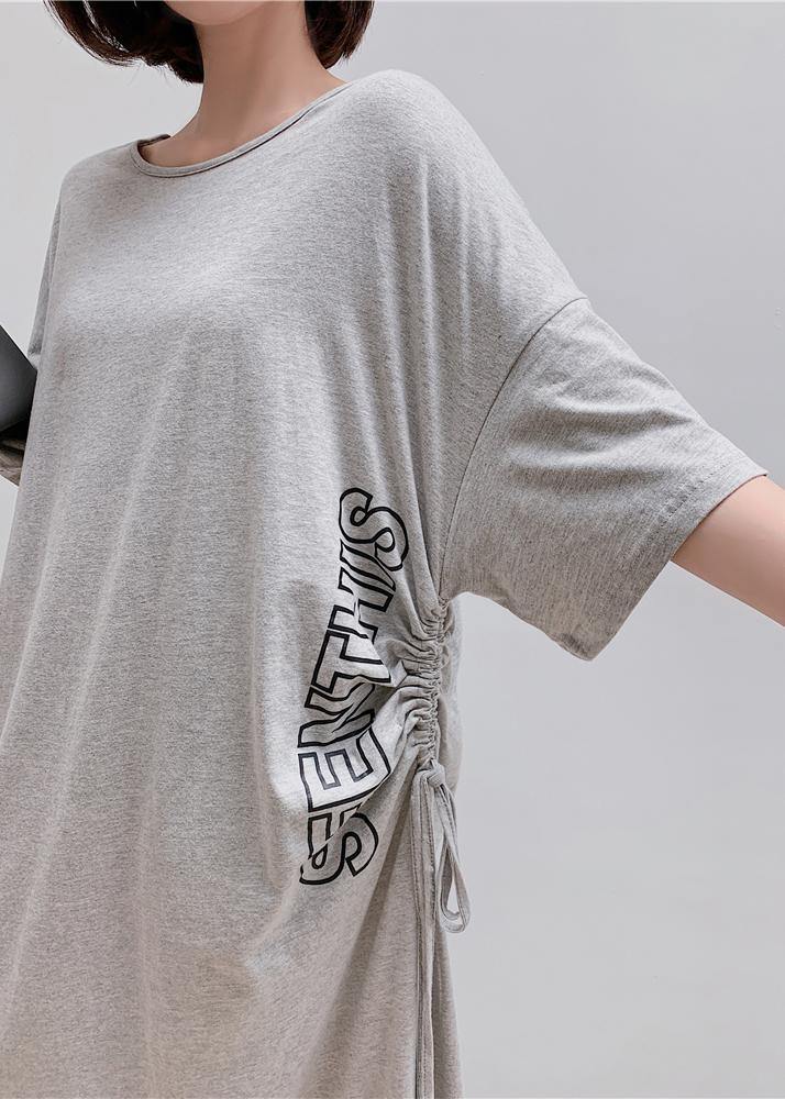 Women gray Letter outfit o neck drawstring Robe Dress - SooLinen