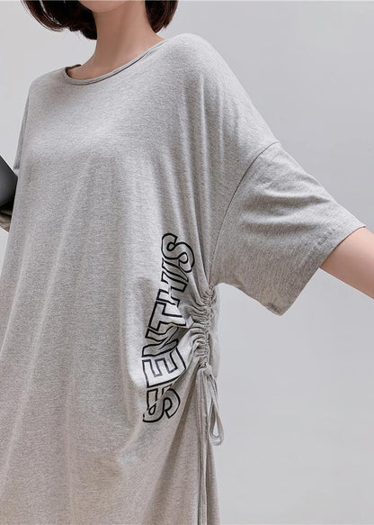 Women gray Letter outfit o neck drawstring Robe Dress - SooLinen