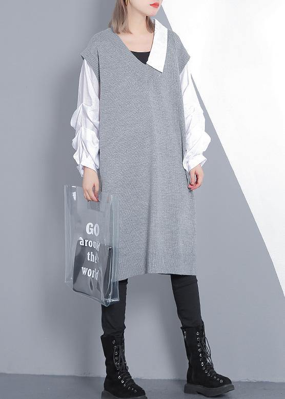 Women gray Sweater dress outfit Design Funny v neck knitted tops - SooLinen