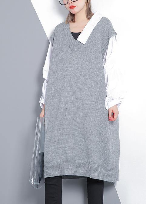 Women gray Sweater dress outfit Design Funny v neck knitted tops - SooLinen
