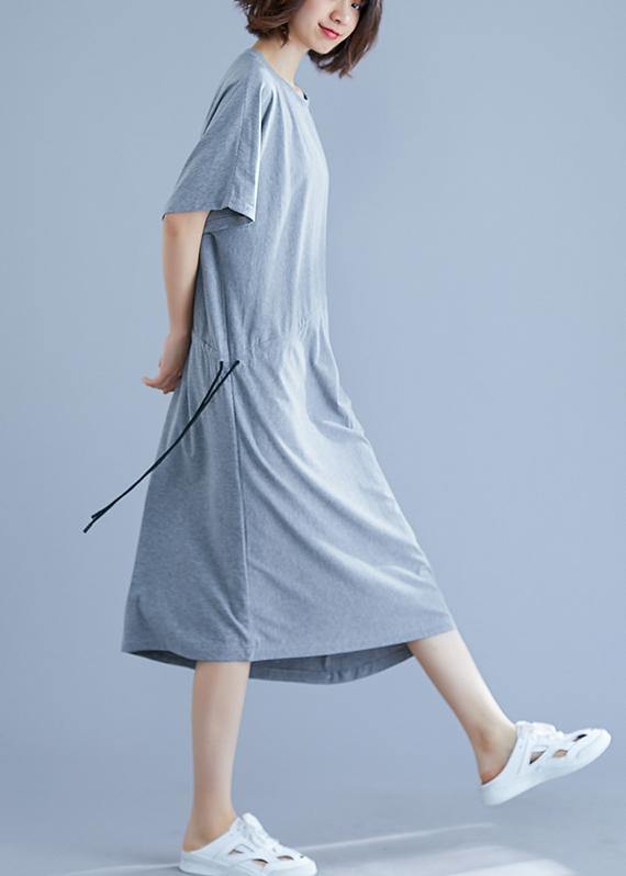 Women gray asymmetric hem cotton box dress Gifts drawstring waist summer dresses - SooLinen
