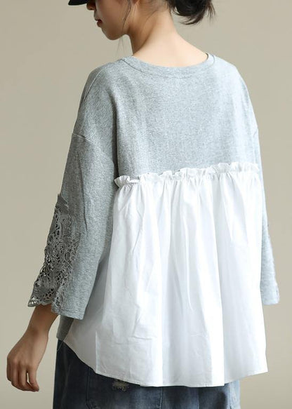 Women gray clothes For Women o neck patchwork box fall blouses - SooLinen