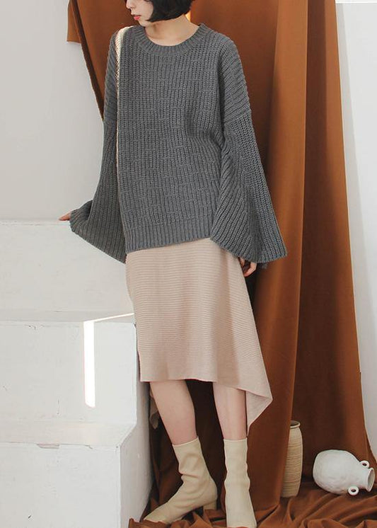 Women gray knitted top o neck flare sleeve plus size clothing knit sweat tops - SooLinen