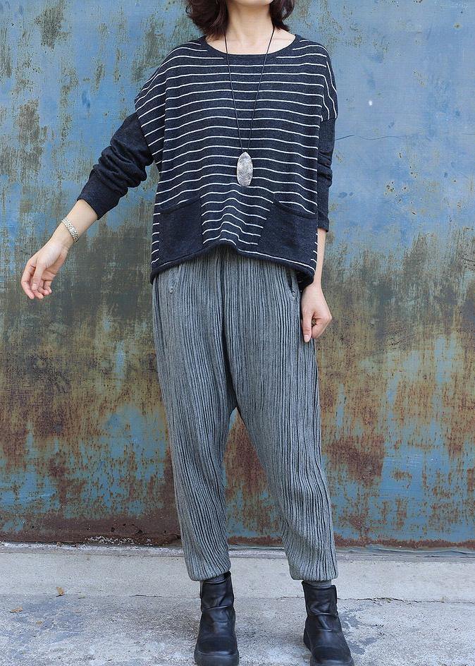 Women gray striped clothes For Women low high design trendy plus size o neck knit sweat tops - SooLinen