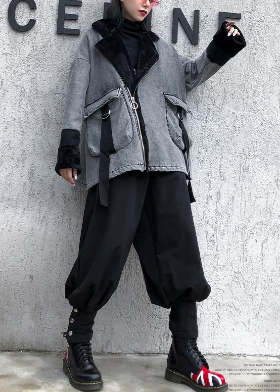 Women gray thick fine clothes For Women Sleeve zippered big pockets jackets - SooLinen